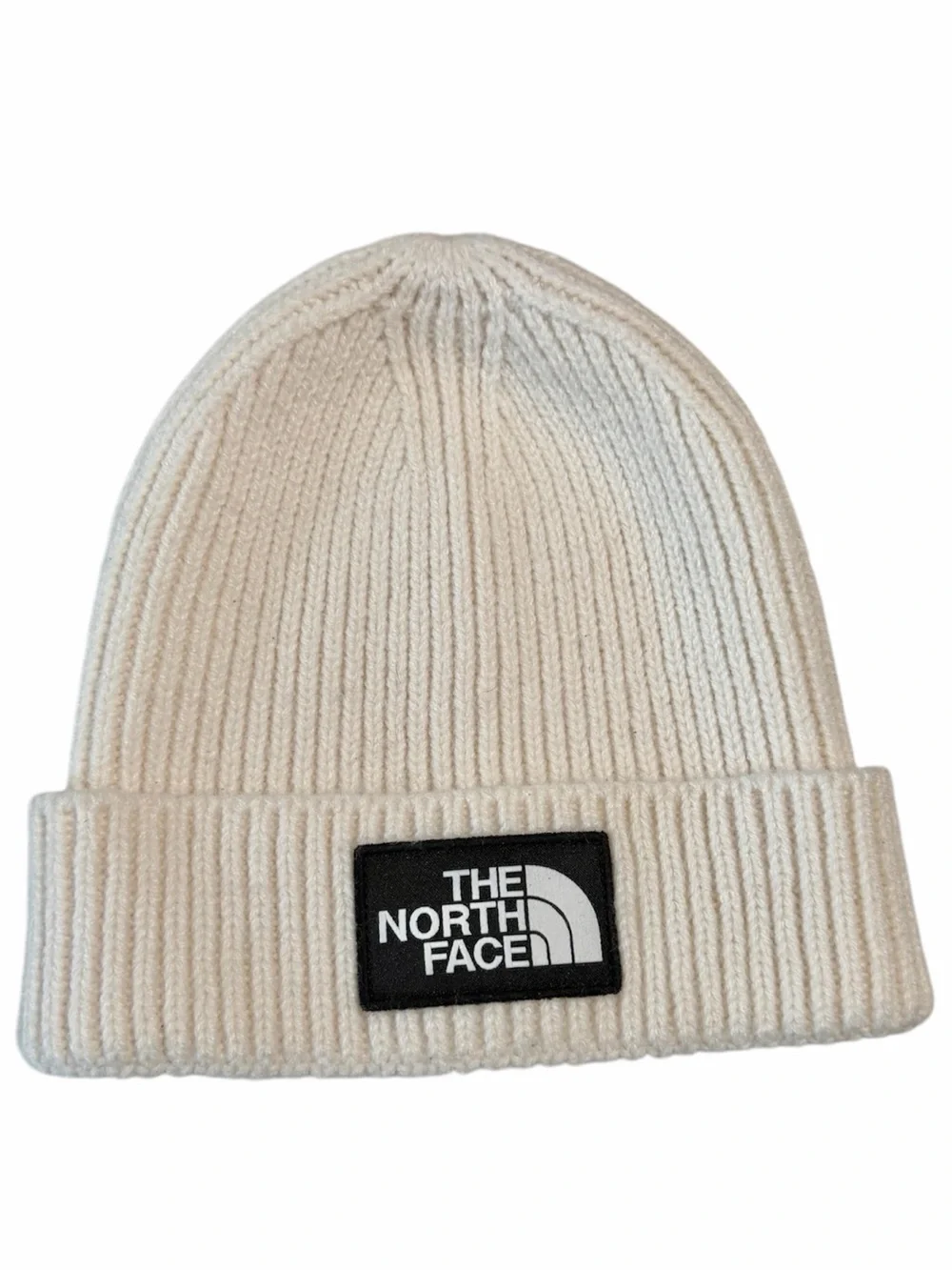 The North Face Logo Box Cuffed Beanie White Dune One Size Rib Knit Winter Hat
